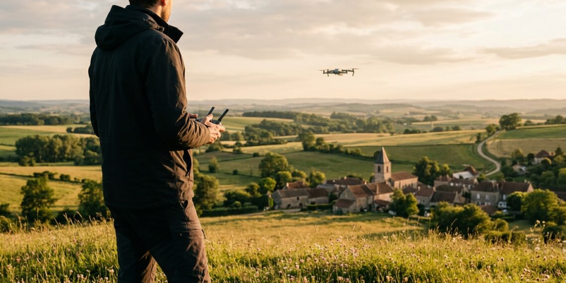 Télépilote de dos pilotant un drone au-dessus d’un village français au coucher du soleil