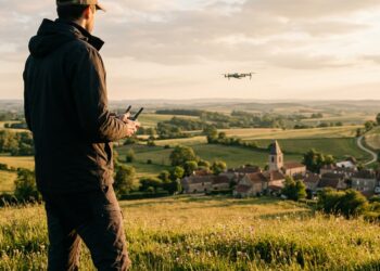 Télépilote de dos pilotant un drone au-dessus d’un village français au coucher du soleil