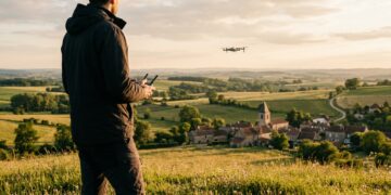 Télépilote de dos pilotant un drone au-dessus d’un village français au coucher du soleil
