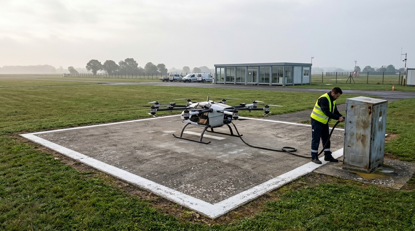 Aire d’essai de vertiport sur un aérodrome, appareil électrique multirotor en recharge