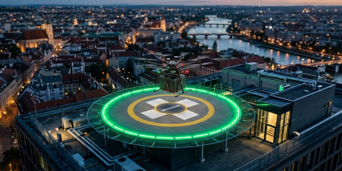 Drone cargo au-dessus d’une plateforme d’atterrissage éclairée sur un toit, au crépuscule