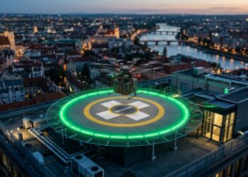 Drone cargo au-dessus d’une plateforme d’atterrissage éclairée sur un toit, au crépuscule
