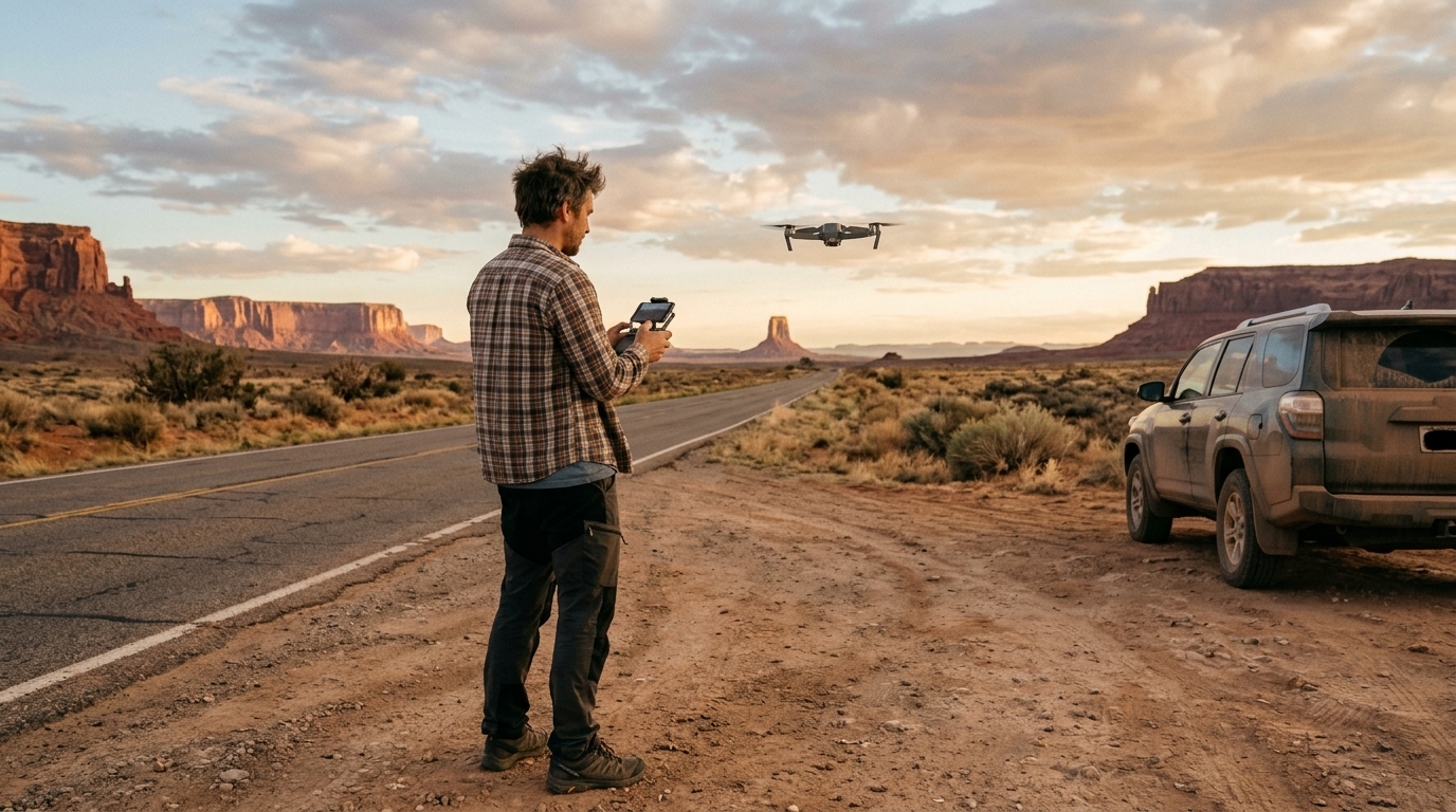 Touriste prêt à voler en drone aux États-Unis au bord d’une route du désert