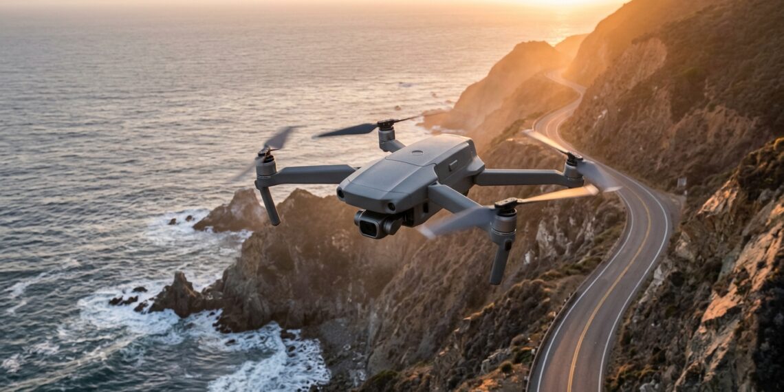 Drone de loisir au-dessus d’une route côtière du Pacifique au coucher du soleil
