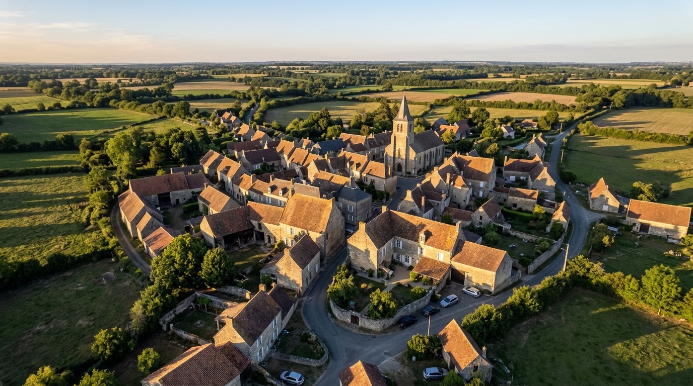 Vue aérienne d'un village en pierre en fin de journée : les ombres longues dessinent les volumes des toits et du clocher (illustration)