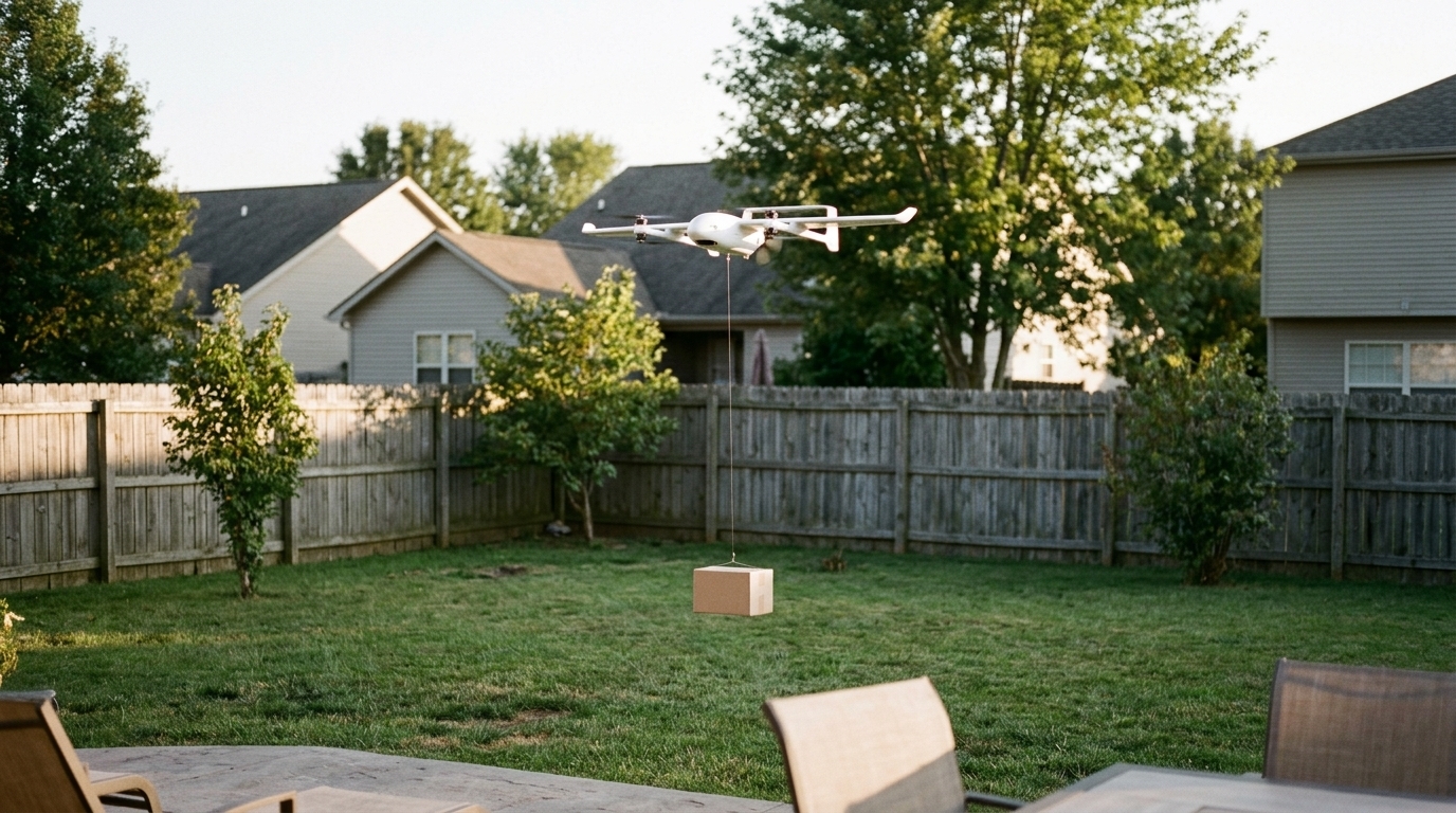 Drone de livraison hybride qui dépose un colis au filin dans un jardin, comme le service Wing Walmart
