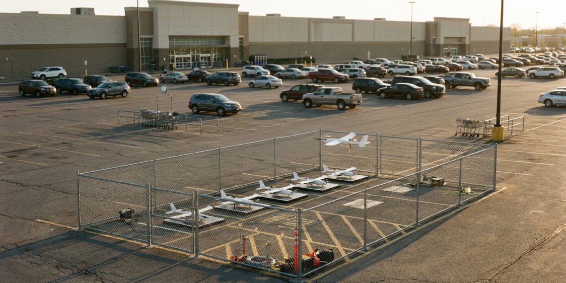 Drones de livraison sur leurs aires dans un enclos grillagé, sur le parking d’un hypermarché au soleil couchant