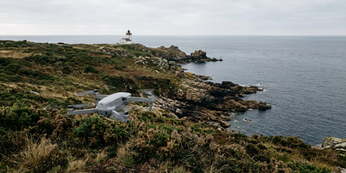 Drone en vol stationnaire au-dessus d’une côte rocheuse avec un phare