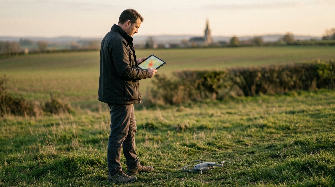 Télépilote consultant la carte des zones géographiques UAS sur une tablette, drone posé dans l'herbe